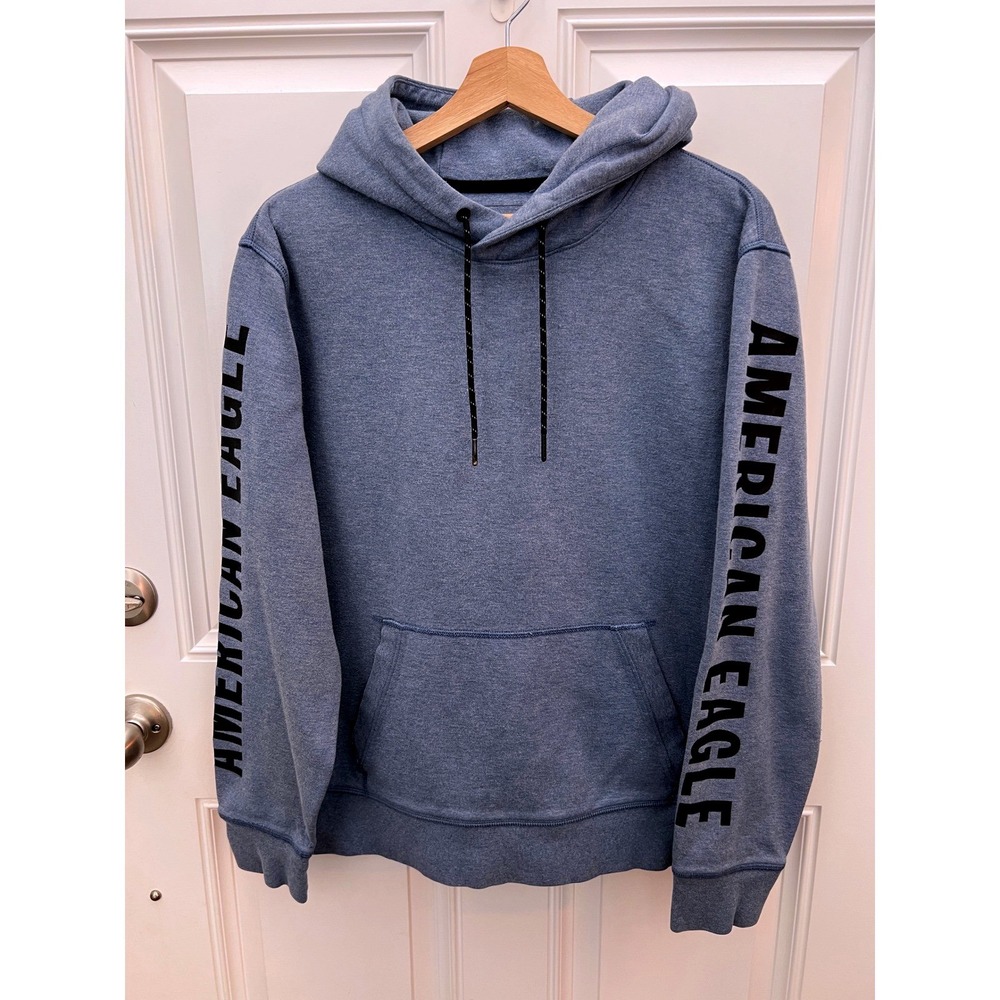 American Eagle Mens Blue Heather Sleeve Logo Pullover Hoodie Sweatshirt Size M